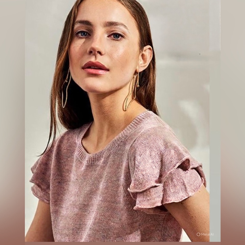 White + Warren Pink Ruffle Sleeve Crew Neck Sweater